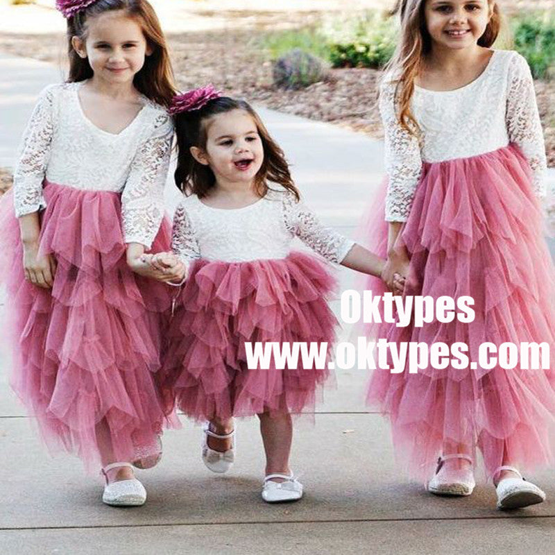 A-Line Round Neck Hot Pink Tulle Flower Girl Dress with Lace, TYP0950