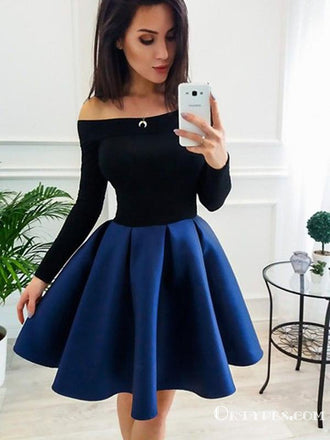 Sweet A-Line Off Shoulder Long Sleeve Satin Short Homecoming Dresses, TYP1995