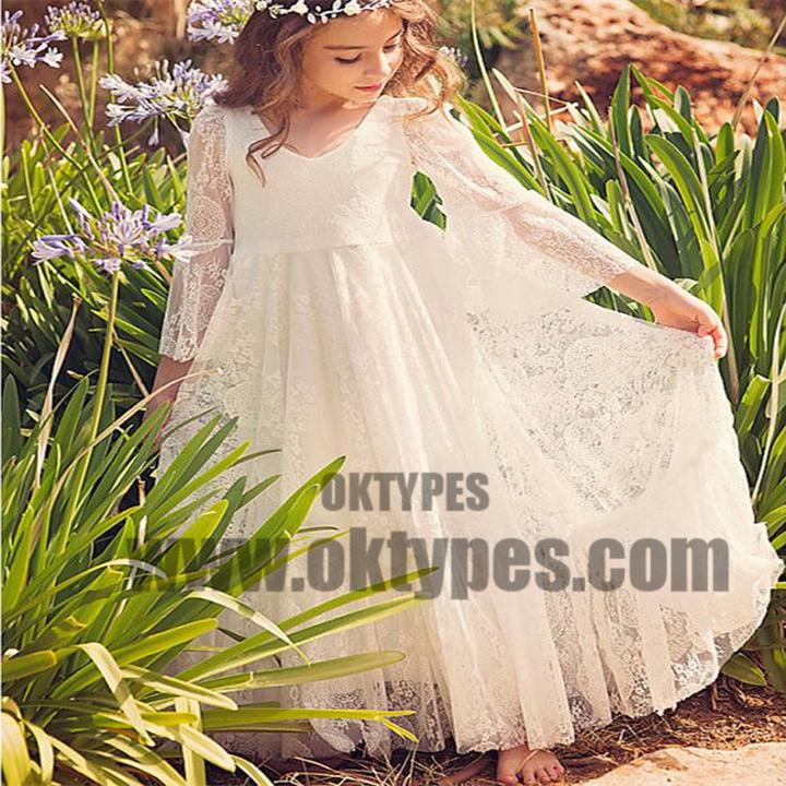 Boho Long Sleeve A-line Lace Flower Girl Dresses, Lovely Little Girl Dresses, TYP0622
