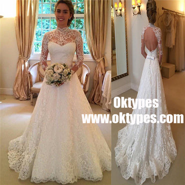 Sexy Long Sleeve High Neckline Open-back Lace  Wedding Dresses, TYP0840