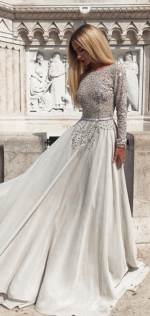 Modest Grey Long Sleeves Backless Prom Evening Dresses with Beaded, TYP1492