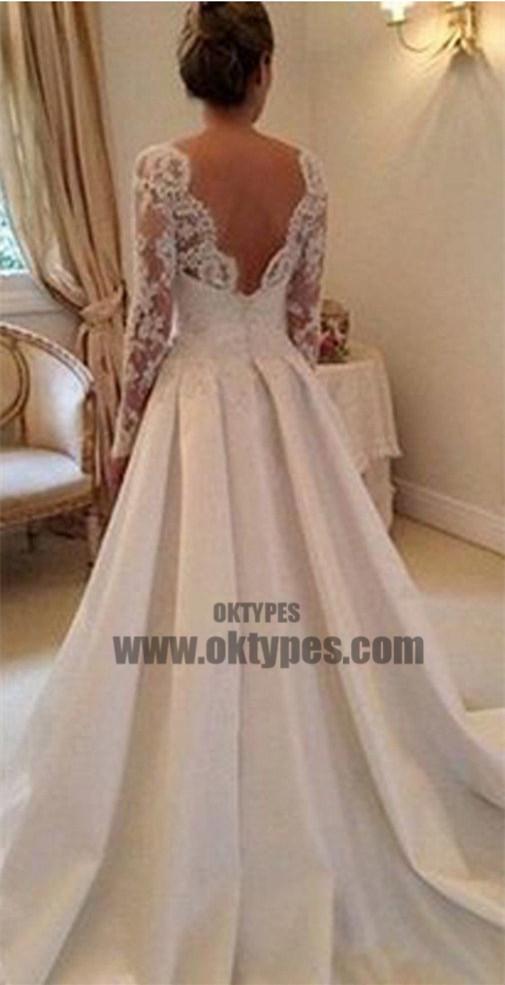 Long A-line Full Length Round Neck Long Sleeve Lace Top Satin Wedding Party Dresses, TYP0655