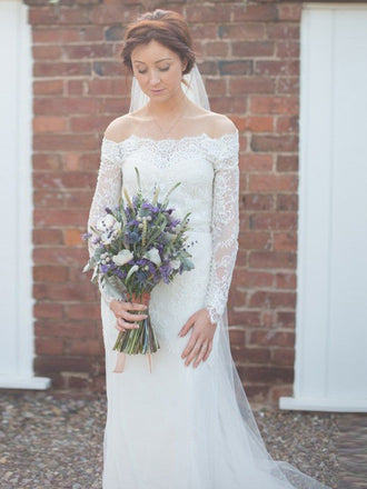 Mermaid Off-the-Shoulder Long Sleeves Sweep Train Wedding Dress with Lace, TYP1412