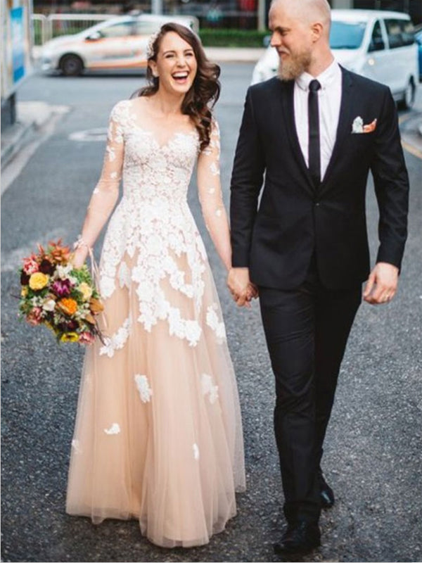 A-Line Scoop 3/4 Sleeves Champagne Tulle Wedding Dresses with Applique Oktypes A-Line Scoop 3/4 Sleeves Champagne Tulle Wedding Dresses with Applique Oktypes