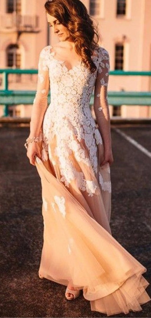A-Line Scoop 3/4 Sleeves Champagne Tulle Wedding Dresses with Applique Oktypes A-Line Scoop 3/4 Sleeves Champagne Tulle Wedding Dresses with Applique Oktypes