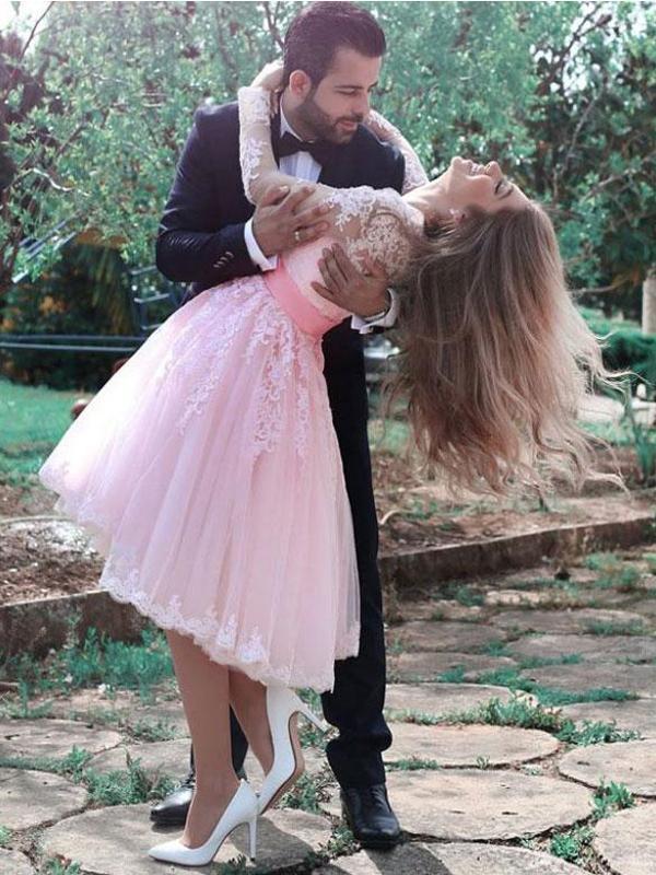 Long Sleeve Pink Lace Short Cheap Homecoming Dresses Online, CM585 Oktypes Long Sleeve Pink Lace Short Cheap Homecoming Dresses Online, CM585 Oktypes