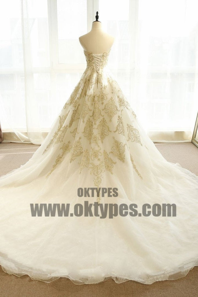 Chic Wedding Dresses Ivory Gold Appliques Sweep/Brush Train Bridal Gown, TYP0682