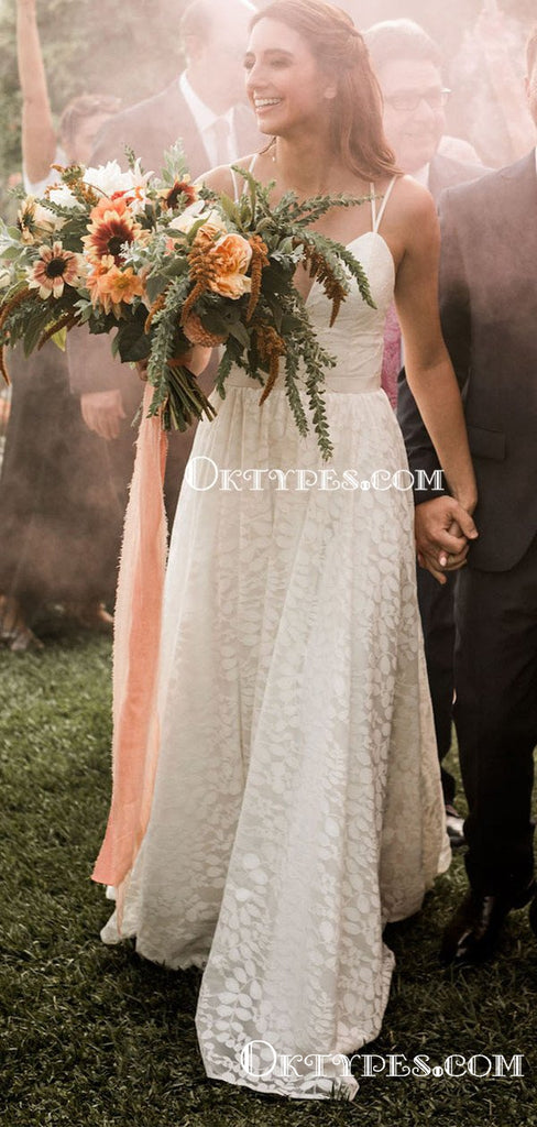 Charming V-neck Spaghetti Strap Sleeveless Long Cheap A-line Lace Wedding Dresses, TYP2070