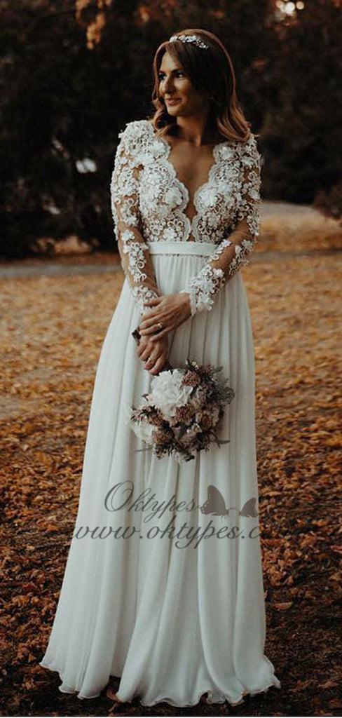 A-Line V-Neck Long Chiffon Wedding Dress with Appliques Flowers, TYP1546