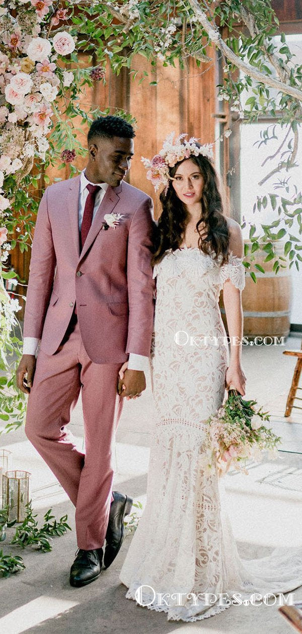 Lace Applique Ivory Beach Wedding Dresses V Neck Backless Wedding Dres –  Oktypes