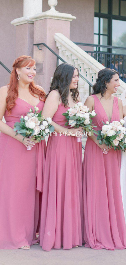 Mismatched V-neck Chiffon A-line Long Cheap Bridesmaid Dresses, BDS0065