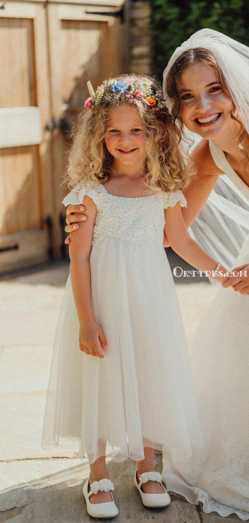 Cute Bateau Cap Sleeves tulle A-line Long Cheap Charming Flower Girl Dresses, FGS0015