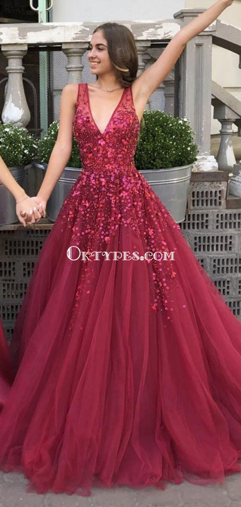 Dark Red V Neck A-line Tulle Long Evening Prom Dresses, Evening Party Prom Dresses, PDS0101