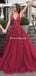 Dark Red V Neck A-line Tulle Long Evening Prom Dresses, Evening Party Prom Dresses, PDS0101
