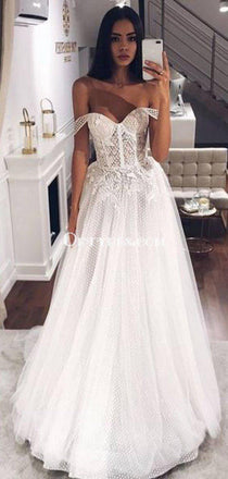Off-The-Shoulder Lace Appliqued Tulle A-line Long Cheap Wedding Dresses, WDS0043