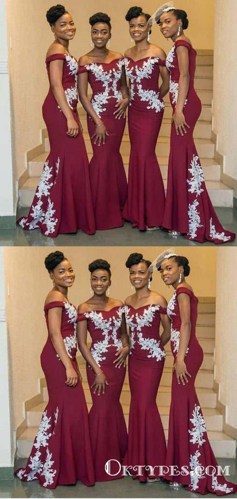 Dark Red Off Shoulder Long Cheap Bridesmaid Dresses With White Lace Applique, TYP1803