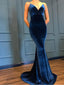 Blue Spaghetti Strap V Neck  Mermaid Velvet Prom Dresses, TYP1576