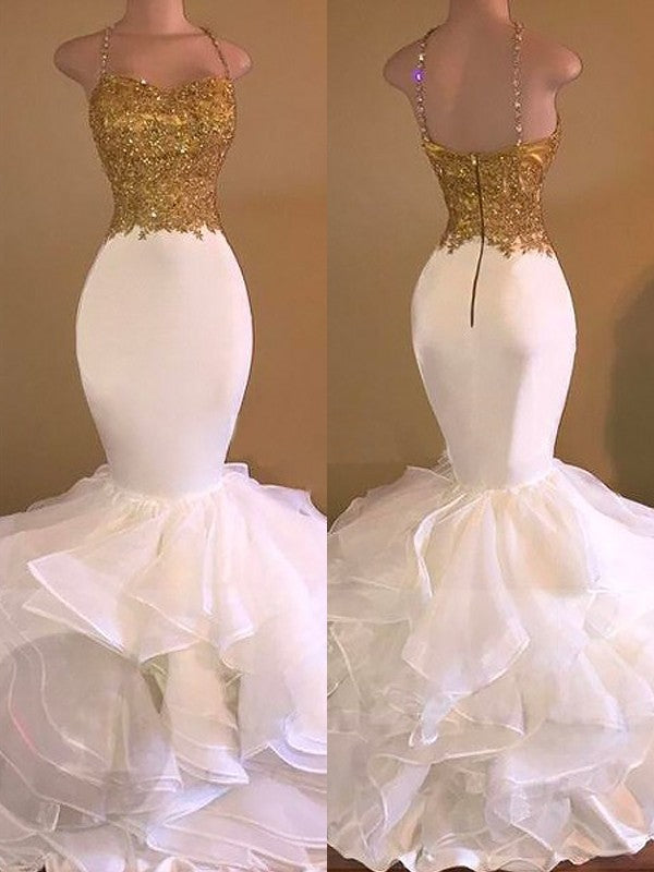 Long Mermaid Spaghetti Straps Sleeveless Applique Organza Prom Evening Dresses, TYP1126