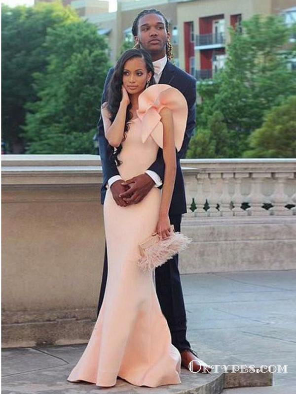 blush one shoulder prom dress Elegant One Shoulder Long Sleeve Prom Dress With Slit
