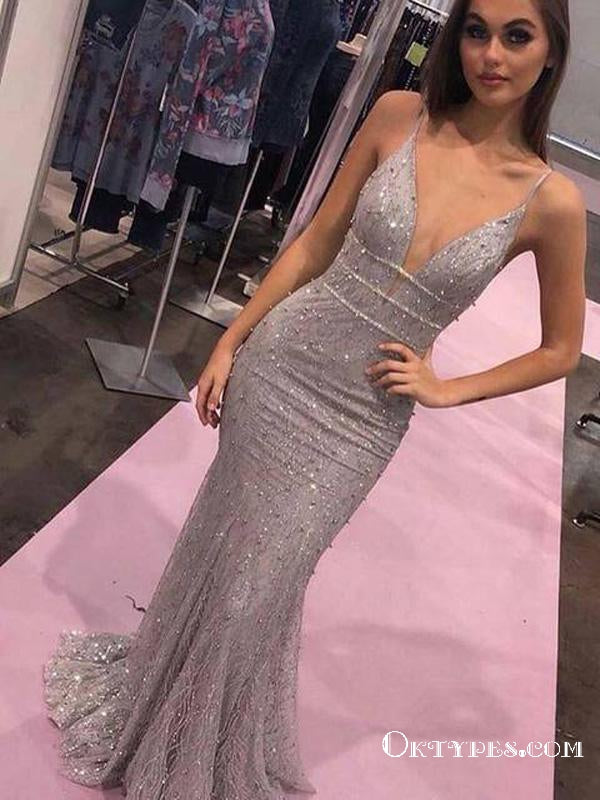 Elegant Deep V Neck Long Cheap Mermaid Prom Dresses With Beaded, TYP1846