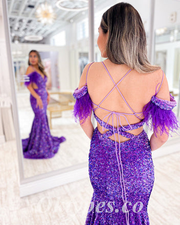 Sexy Sequin Cold Shoulder V-Neck Criss Cross Lace Up Mermaid Long Prom Dresses With Feather,PDS0764