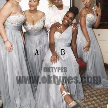 Mismatched Rhinestone Shinny Top Light Grey Long A-line Side Slit Bridesmaid Dresses, TYP0646