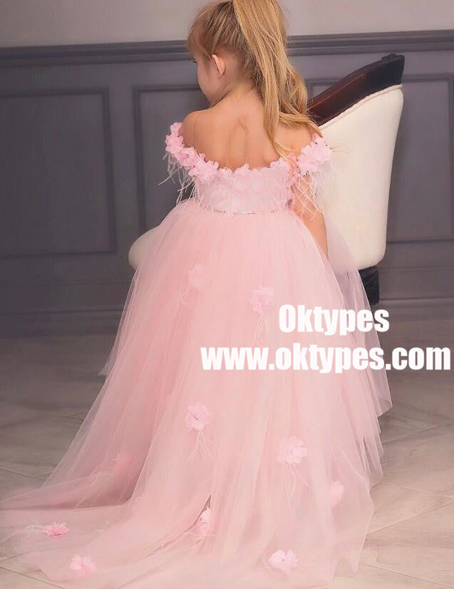 A-Line High Low Pink Flower Girl Dress with Flowers, TYP0967
