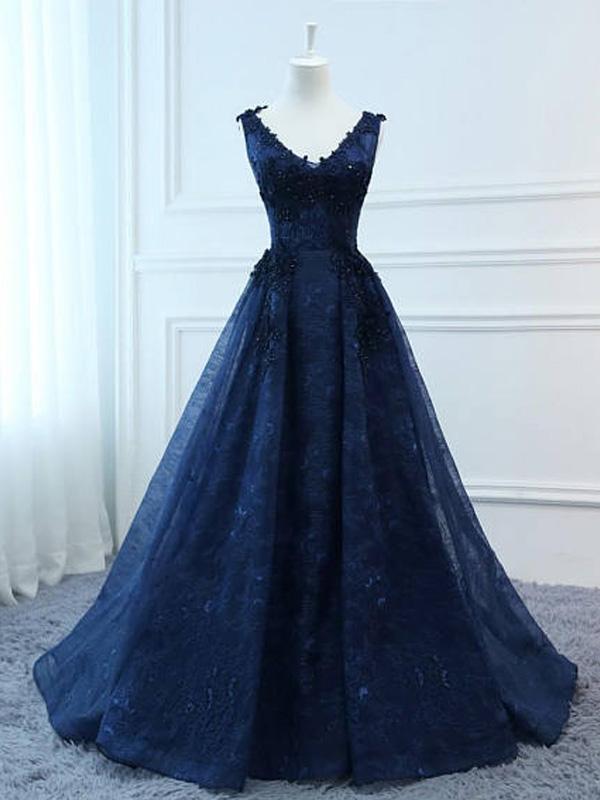 Most Popular V-neck A-line Lace Navy Blue Long Prom Dresses, TYP0113