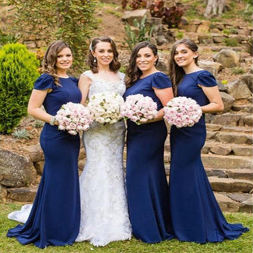 New arrival Long Mermaid Navy Blue Cap sleeves Cheap Bridesmaid Dresses Online, TYP1099