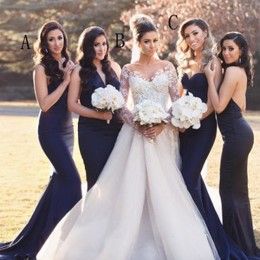 Mermaid Spaghetti Straps Long Cheap Navy Blue Bridesmaid Dresses, TYP1364