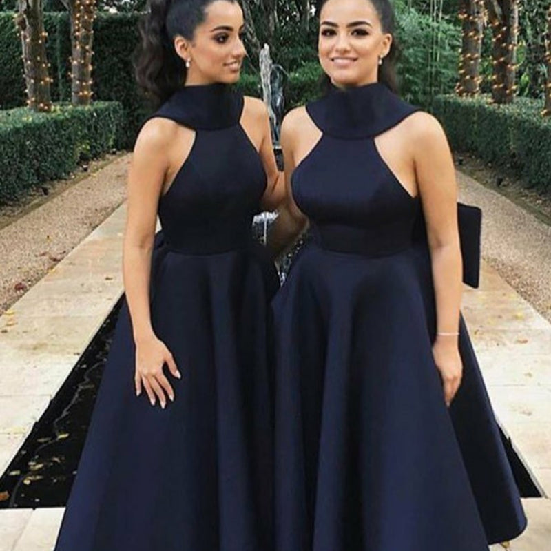 A-Line High Neck Navy Blue Satin Bridesmaid Dresses with Bow Knot, TYP Oktypes A-Line High Neck Navy Blue Satin Bridesmaid Dresses with Bow Knot, TYP Oktypes
