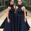 A-Line High Neck Navy Blue Satin Bridesmaid Dresses with Bow Knot, TYP1312