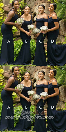 Mismatched Mermaid Round Neck Long Navy Blue Bridesmaid Dresses, TYP1475