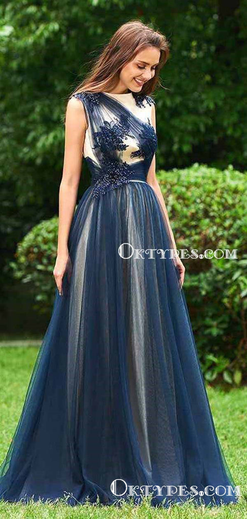 Charming Elegant Bateau Neckline Sleeveless Navy Blue Tulle A-line Long Cheap Prom Dresses With Applique, PDS0022