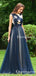Charming Elegant Bateau Neckline Sleeveless Navy Blue Tulle A-line Long Cheap Prom Dresses With Applique, PDS0022