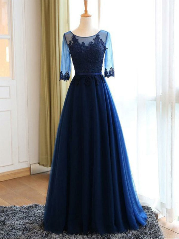 A-Line Round Neck Navy Blue Tulle Prom Dresses with Appliques, TYP1306 Oktypes A-Line Round Neck Navy Blue Tulle Prom Dresses with Appliques, TYP1306 Oktypes