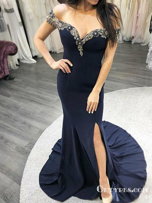 Mermaid Navy Blue Appliques Off The Shoulder Long Evening Prom Dresses, TYP1702