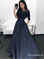 A-Line Bateau Long Sleeves Black Beaded Long Prom Dress with Pockets, TYP1649