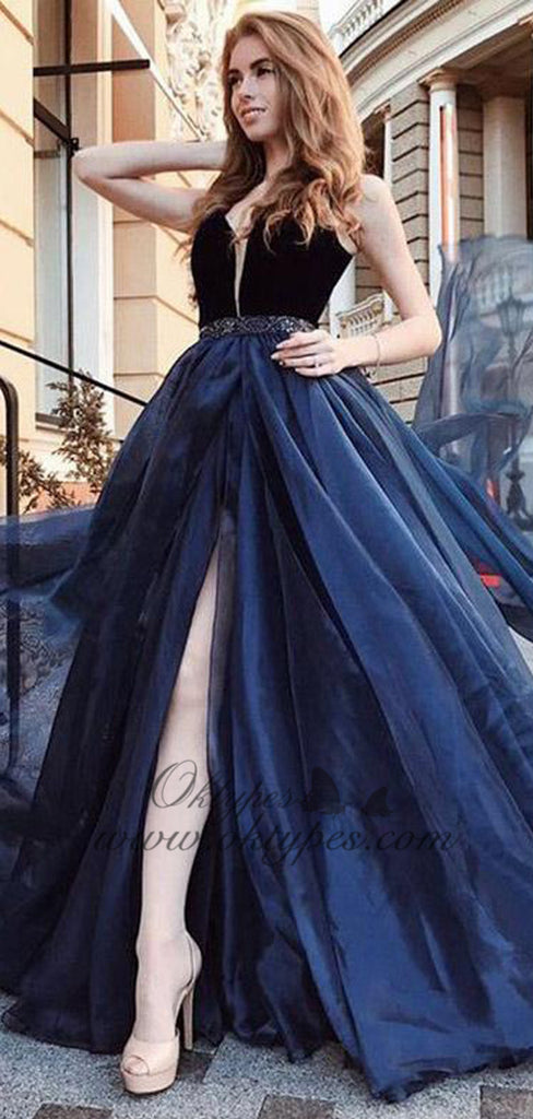 Deep V Neck Navy Blue Tulle Long Prom Dress Gown With Beading, TYP1500