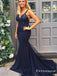 Navy Blue Spaghetti Straps Mermaid Beading Long Prom Dresses, TYP1792