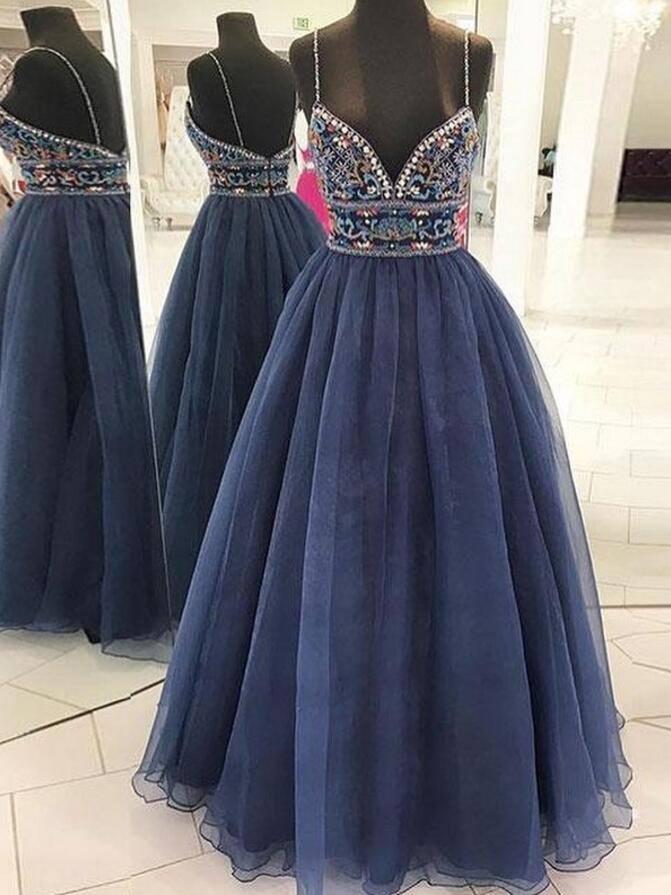 Beautiful  Spaghetti Straps Navy Blue Tulle  Long Prom Dresses with Beading, TYP1344