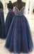 Beautiful  Spaghetti Straps Navy Blue Tulle  Long Prom Dresses with Beading, TYP1344