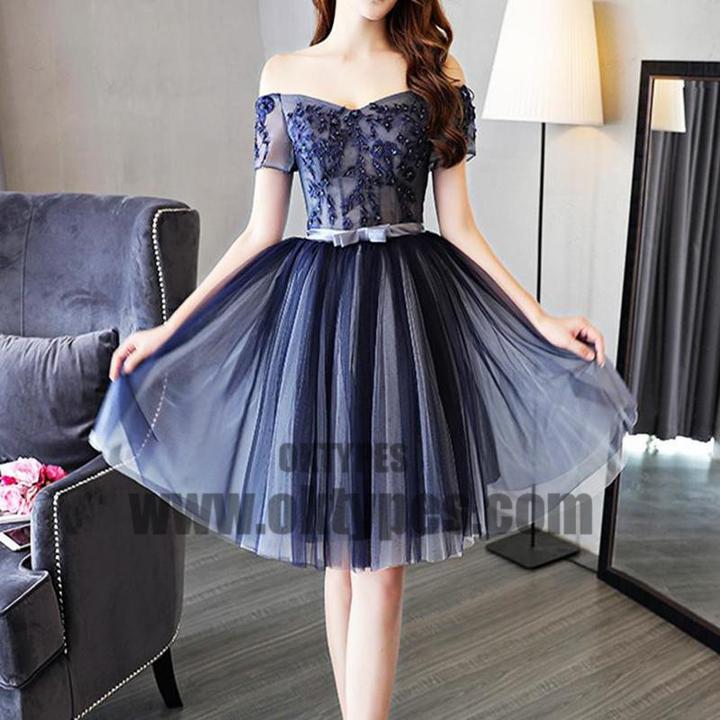 Cheap Off Shoulder Short Sleeve Navy Homecoming Dresses 2018, Homecoming Dresses, TYP0610