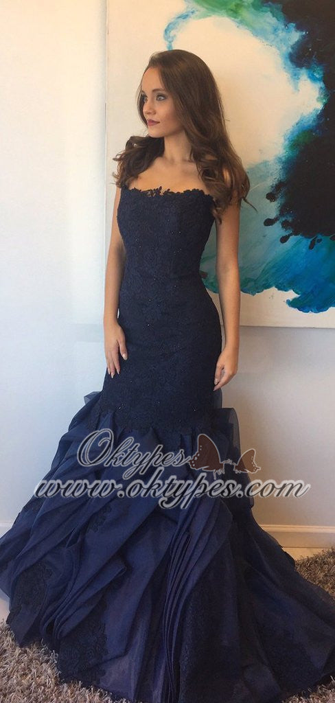 Navy Blue Sweetheart Long Mermaid Lace Organza Prom Dresses With Beaded, TYP1613