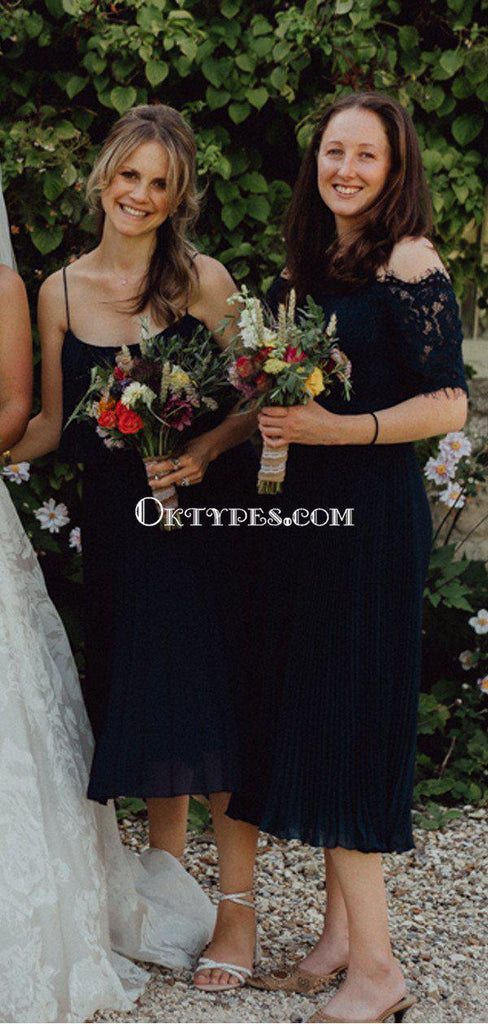 Off-The-Shoulder Navy Lace A-line Long Cheap Bridesmaid Dresses, BDS0076