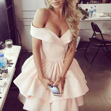 A-Line Off-Shoulder Pink Satin Short Cheap Homecoming Dresses, TYP1022