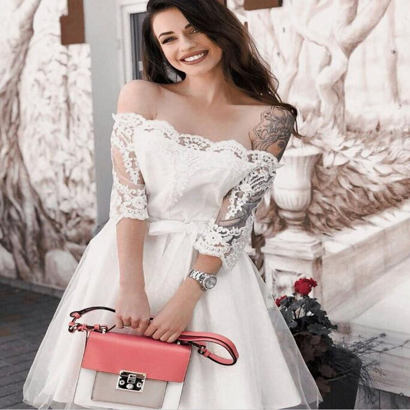 A-Line Off-Shoulder 3/4 Sleeves White Short Cheap Homecoming Party Dre Oktypes A-Line Off-Shoulder 3/4 Sleeves White Short Cheap Homecoming Party Dre Oktypes