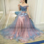 Newest Floor-length Two Piece Lace Appliques  Printed Round Neck Long Prom Dresses, TYP0748