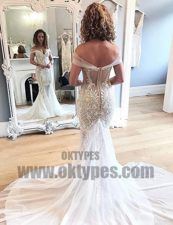 Mermaid Off-the-Shoulder Court Train Wedding Dress with Lace Appliques, TYP0709
