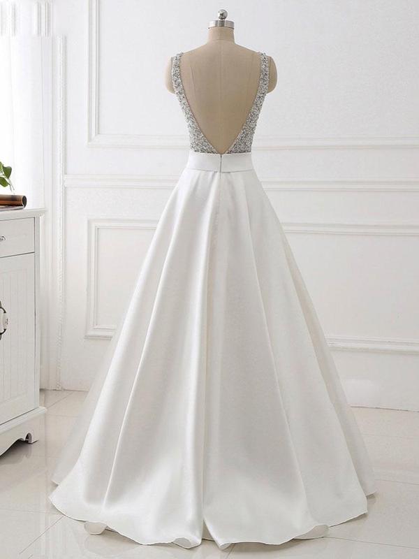 A-line V-neck Beaded Top Ivory Satin Long 2019 Newest Prom Dresses, TYP1197